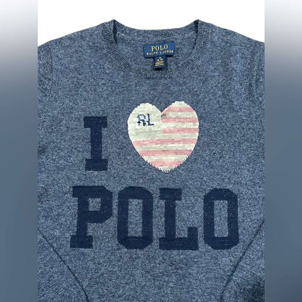 Polo Ralph Lauren Sweater Girls Blue I Heart USA flag Polo Pullover Size M 8-10 - Picture 3 of 13
